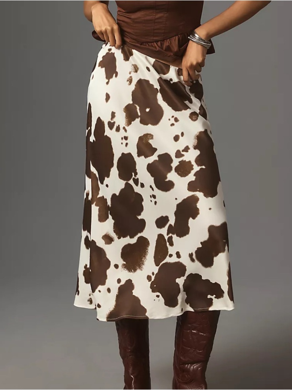 Anthropologie Tilda Midi Slip Cow Print Silky Skirt size S